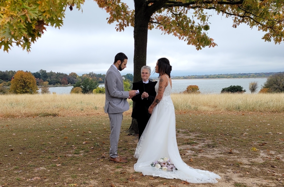 fall outdoor wedding next to lake