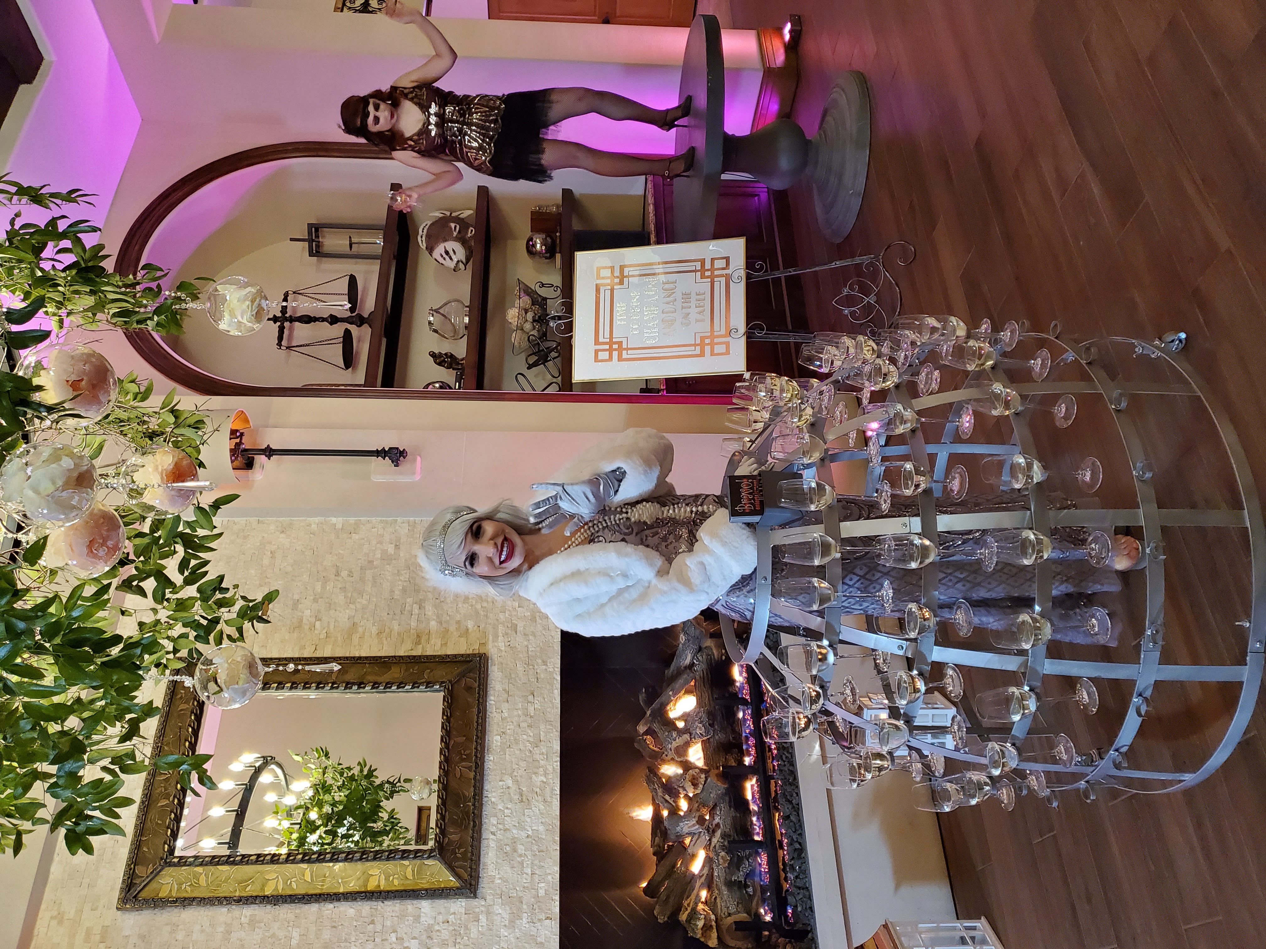 woman wearing champagne tower skirt